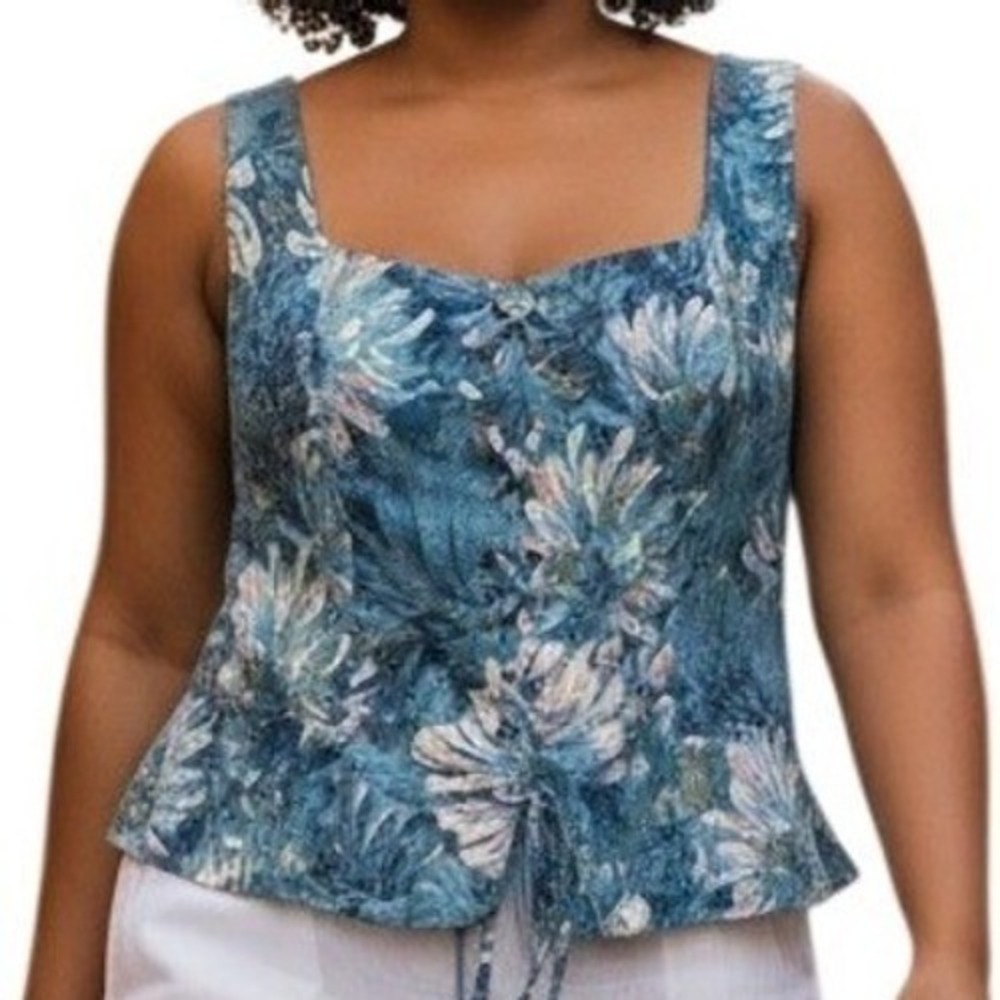 SCARLET DARKNESS Blue White Floral Tapestry Lace Up Corset Top NWT 2XL